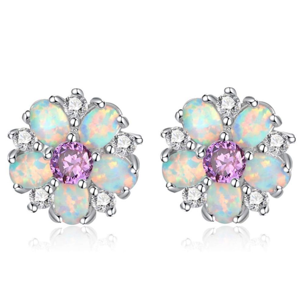 .925 Sterling Silver with White Fire Opal and Amethyst Flower Stud Earrings